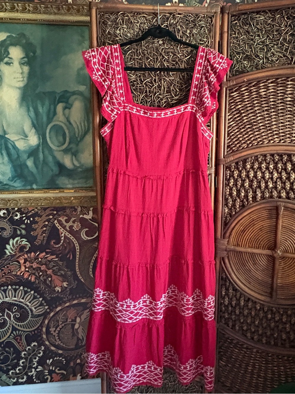 Knox Rose Red Embroidered Tiered Midi Dress Boho Folk Cottagecore Size L